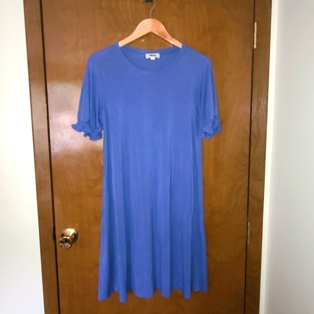 Loft  Blue Ruffled Short Sleeve Crew Neck Pullover Shift sz small